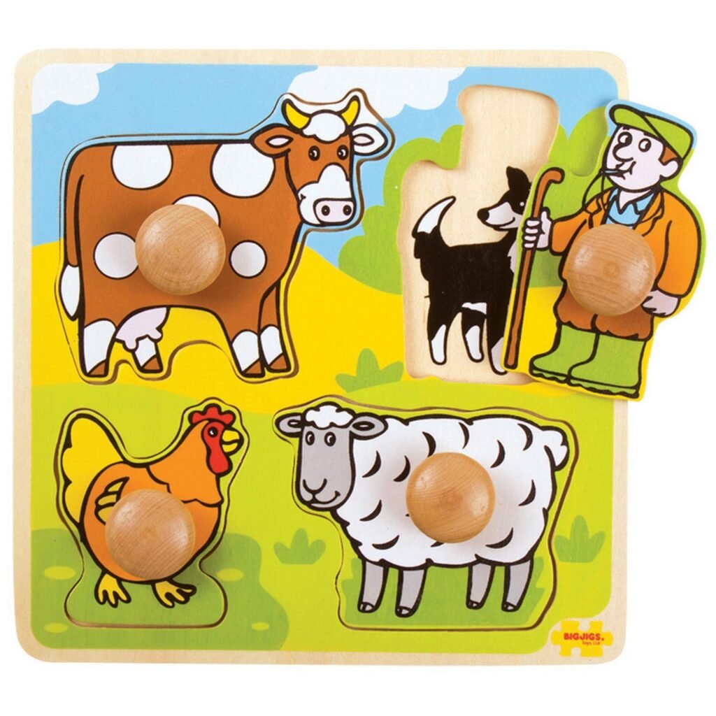 Houten boerderijpuzzel met boer en dieren zoals koe, kip en schaap Bigjigs Houten Noppenpuzzel Boerderij, 4dlg.