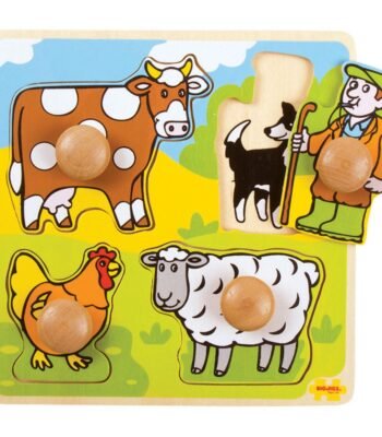 Houten boerderijpuzzel met boer en dieren zoals koe, kip en schaap Bigjigs Houten Noppenpuzzel Boerderij, 4dlg.