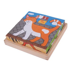 Bigjigs houten blokpuzzel van oranje kat op een dak