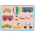 Kleurrijke voertuigen puzzel voor peutersBigjigs Houten Noppenpuzzel Voertuigen, 8dlg.