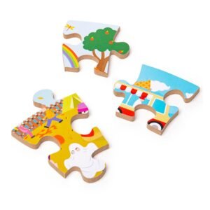 Drie kleurrijke Bigjigs puzzelstukjes met illustraties van boom, regenboog en foodtruck