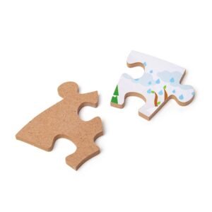 Twee puzzelstukken waarvan één blanco en één met regenillustratie