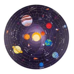 Voltooide ronde houten Bigjigs puzzel van het zonnestelsel met zon in het midden