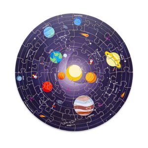 Bigjigs Houten Vloerpuzzel Zonnestelsel Rond Top-down beeld van ruimte-puzzel met planeten en constellaties