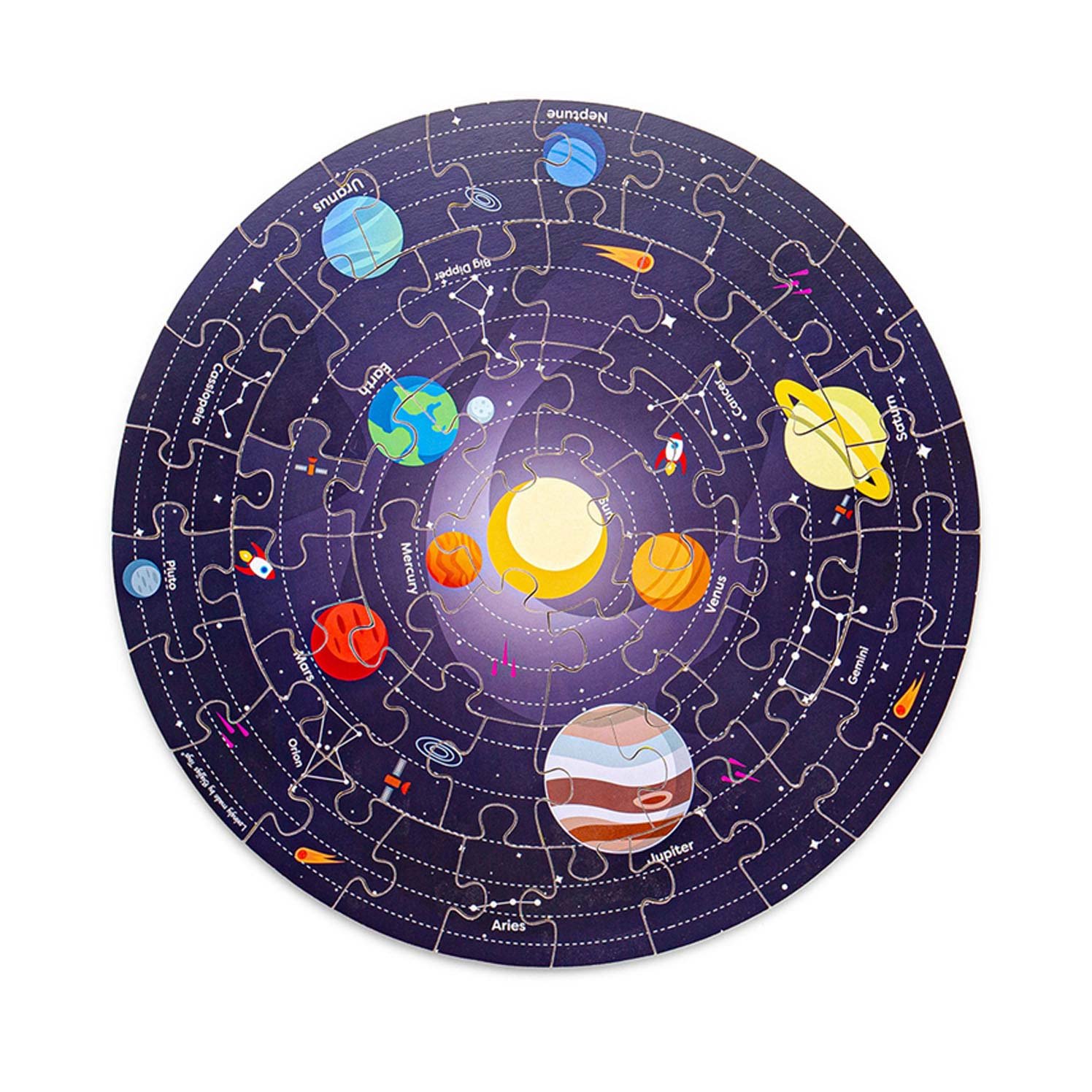 bigjigs-zonnestelsel-puzzel-rond-voltooid Bigjigs Houten Vloerpuzzel Zonnestelsel Rond Top-down beeld van ruimte-puzzel met planeten en constellaties
