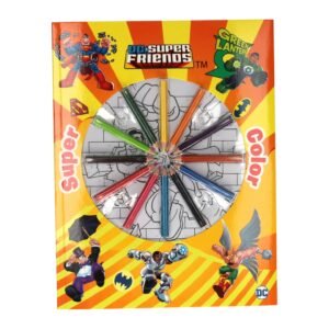 Voorkant van DC Super Friends kleurboek met kleurpotloden en superhelden zoals Superman en Green Lantern DC Super Friends Super Color Kleurboek met Potloden