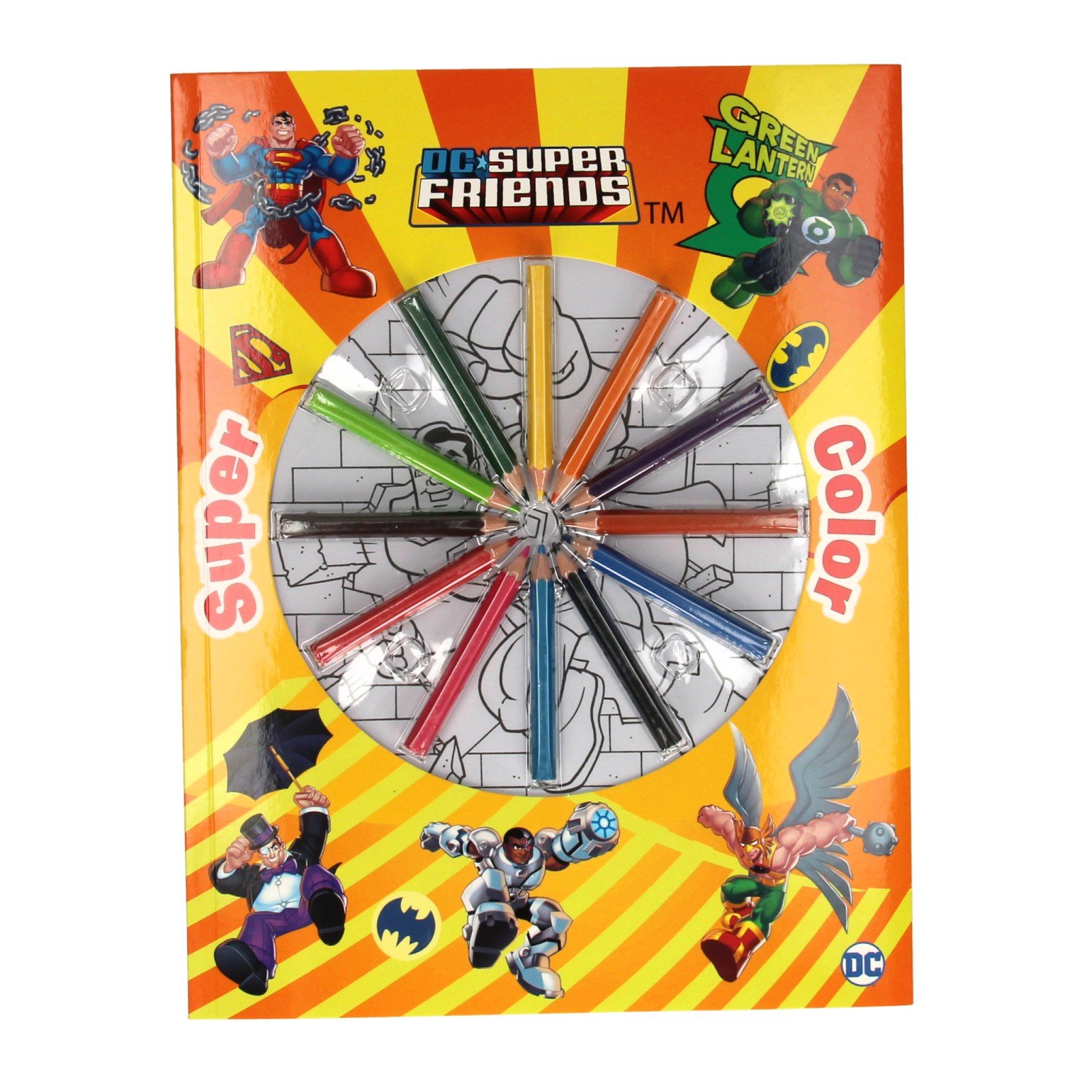 boek-specials-nederland-bv-dc-super-friends-kleurboek-voorkant-met-kleurpotloden Voorkant van DC Super Friends kleurboek met kleurpotloden en superhelden zoals Superman en Green Lantern DC Super Friends Super Color Kleurboek met Potloden