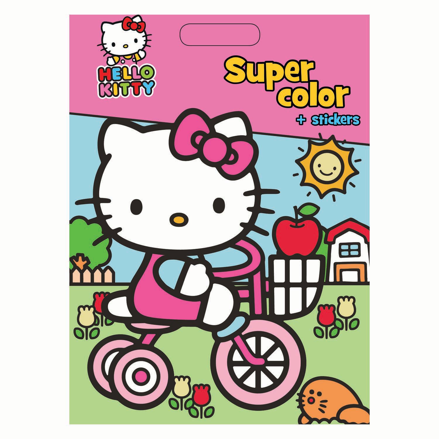 boek-specials-nederland-bv-hello-kitty-kleurboek-met-stickers-en-fietsillustratie Hello Kitty kleurboek met stickers en fietsillustratie in tuin Hello Kitty Kleurboek en Stickers