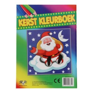 Kerst kleurboek met lachende kerstman op een wolk, sterren en maan op de achtergrond