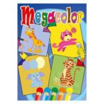 Kleurboek cover met schattige dierenillustraties zoals een giraf, tijger, olifant en kat Megacolor Kleurboek Dieren