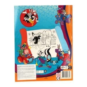 Achterkant van een Looney Tunes kleurboek met stripfiguren zoals Bugs Bunny, Tweety en Sylvester.