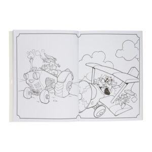Open pagina van een Looney Tunes kleurboek met tekeningen van een tractor en vliegtuig.