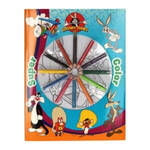 Voorkant van een Looney Tunes kleurboek met kleurpotloden en bekende figuren zoals Bugs Bunny Looney Tunes Super Color Kleurboek met Potloden