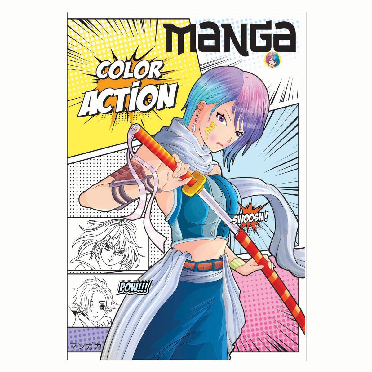boek-specials-nederland-bv-manga-cover-kleurrijke-samoerai-stripstijl Kleurrijke manga cover met vrouwelijke samoerai en stripboekstijl effecten Manga Color Action Kleurboek