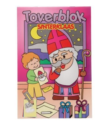 Sinterklaas toverblok met kind dat tekening geeft aan Sinterklaas bij cadeautjes Sinterklaas Toverblok