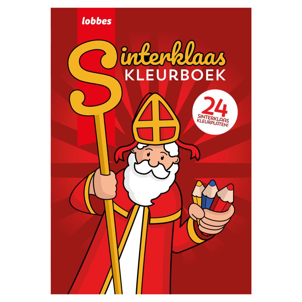 Voorzijde van een Sinterklaas kleurboek met rode achtergrond en potloden in hand. Sinterklaas Kleurboek