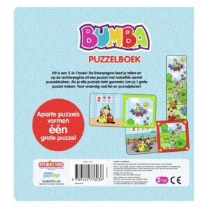 Achterkant van Bumba puzzelboek met uitleg over tellen en puzzelen voor peuters