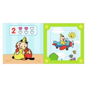Binnenkant van Bumba puzzelboek met telopdracht en kleurrijke vliegtuigpuzzel