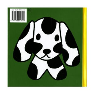 Achterkant kinderboek met zwart-witte hond en groene achtergrond