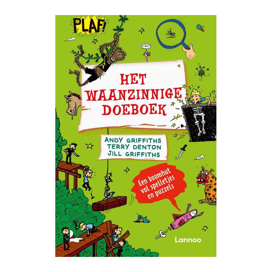 Voorkant van 'Het Waanzinnige Doeboek' met kleurrijke illustraties en grappige figuren De waanzinnige boomhut - Het waanzinnige doeboek