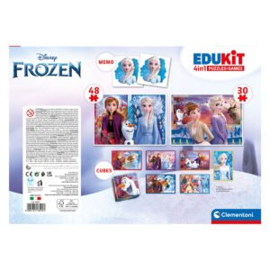 Achterzijde van Clementoni Edukit Frozen 4-in-1 spel met spelonderdelen in beeld