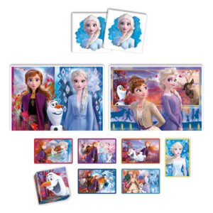Disney Frozen 2 spelonderdelen met Anna, Elsa, Olaf en Sven in kleurrijke scènes