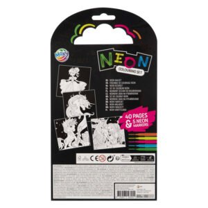 Achterkant van Moxy neon kleurset met 40 pagina’s en 5 neon markers, inclusief voorbeeldtekeningen van eenhoorns en meisjes.