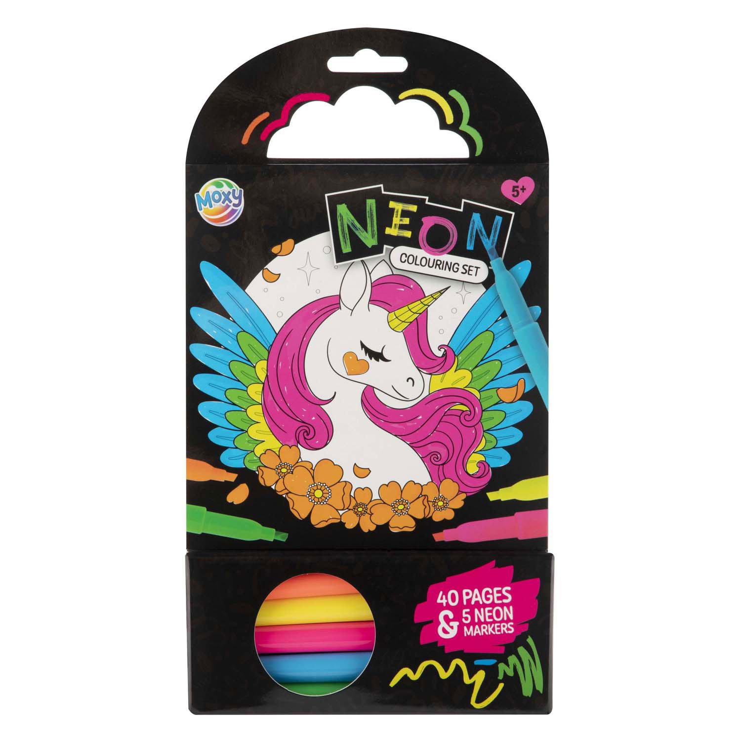 creative-craft-group-moxy-neon-kleurset-voorkant-eenhoorn-40-paginas Voorkant van Moxy neon kleurset met een kleurrijke eenhoorn, 40 kleurpagina’s en 5 neon markers zichtbaar in de verpakking. Kleurboek Eenhoorn 40 Vellen met 5 Neon Stiften