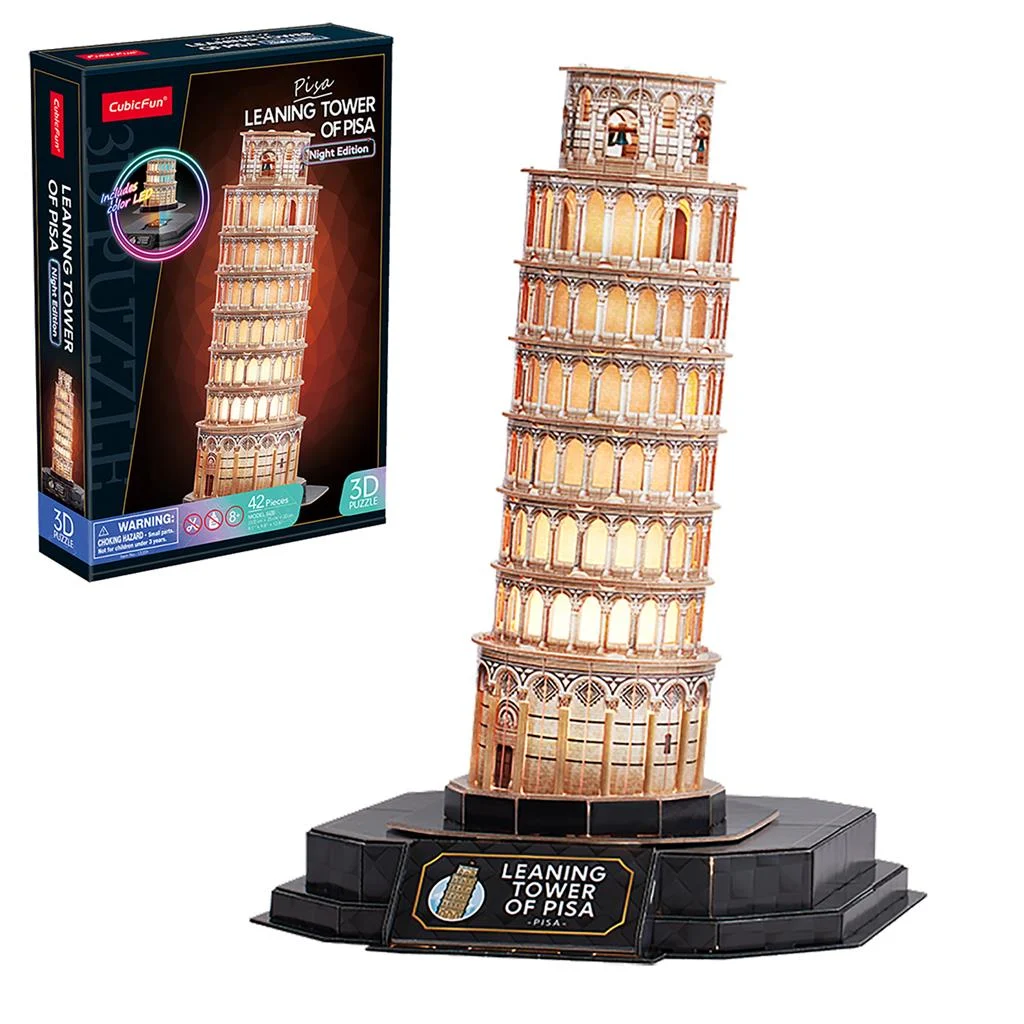 Verlichte Cubic Fun 3D puzzel Pisa met LED verlichting en verpakking zichtbaar