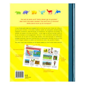 Achterkant van kinderatlas met uitleg en kleurrijke dierenillustraties