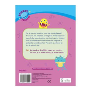 Speelse achterkant van kinderpuzzelboek met grappige monsters en uitleg over woordzoekers