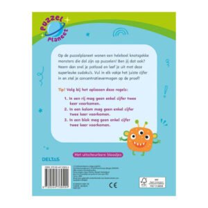 Speelse achterkant van kinderboek met sudoku’s en kleurrijk monster op de Puzzelplaneet