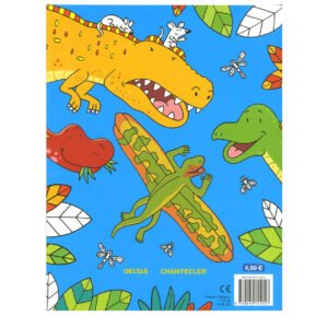 Achterkant van dinosaurus kleurboek met vrolijke tekeningen van dino’s en muizen