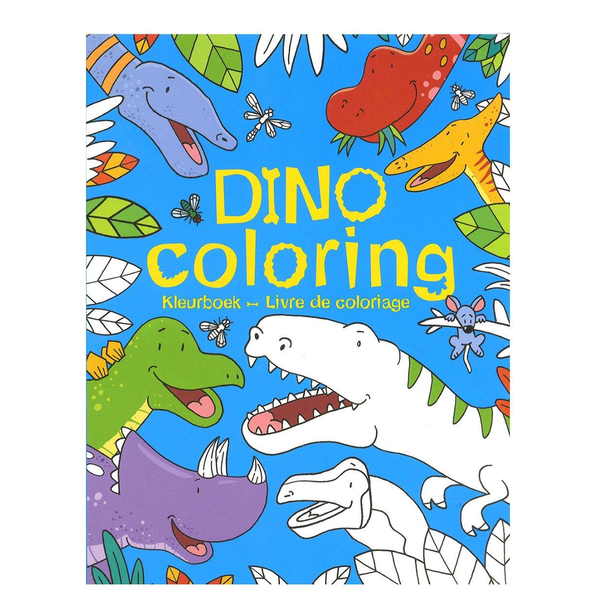 deltas-dino-kleurboek-cover-kinderen Kleurrijke cover van dinosaurus kleurboek voor kinderen met lachende dino’s Dino Coloring Kleurboek