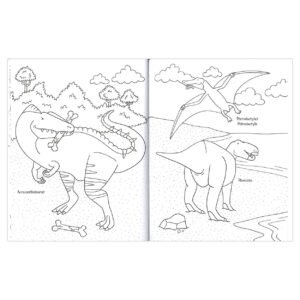 Kleurplaten met verschillende dinosaurussen zoals Pterodactylus en Arcoacanthosaurus