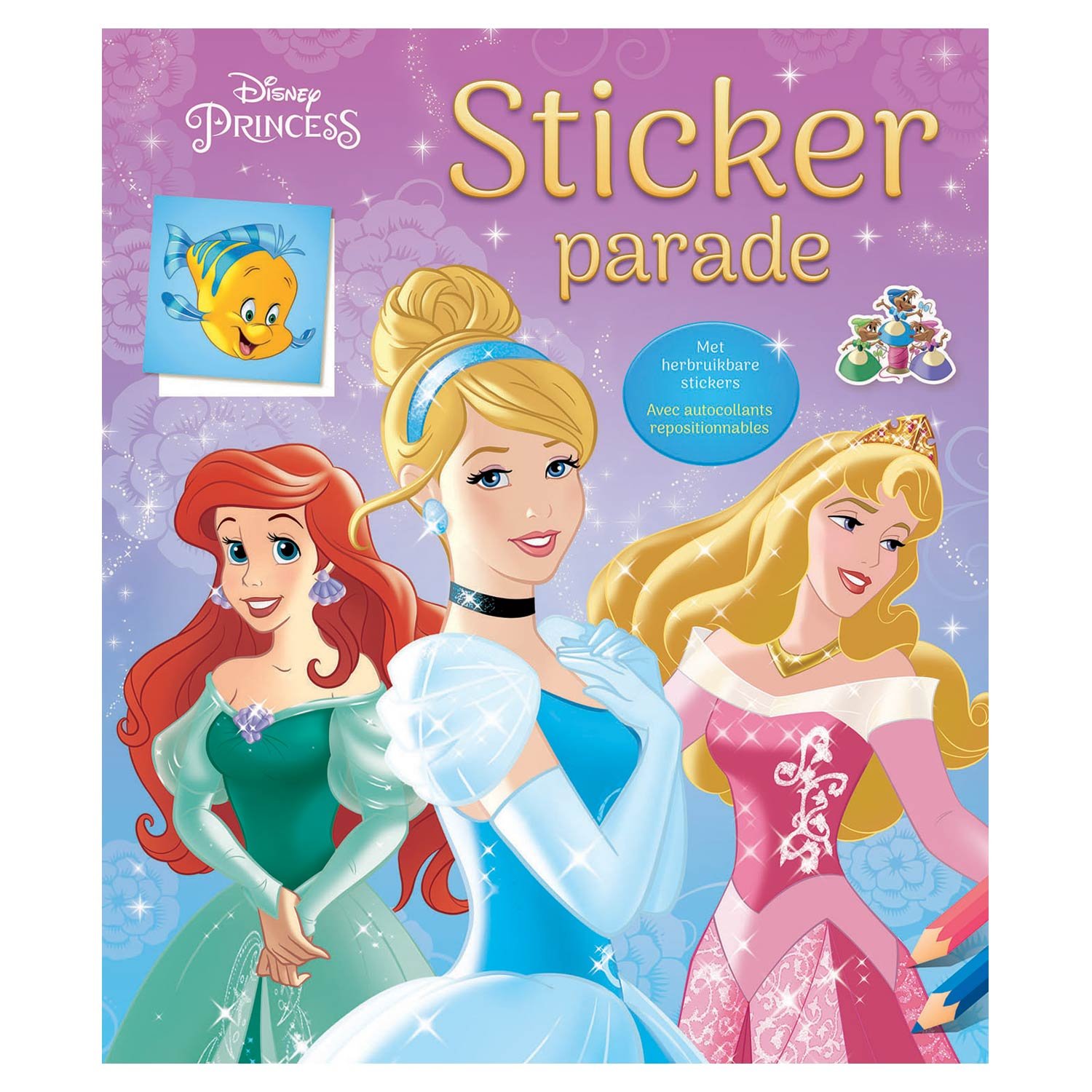 deltas-disney-princess-stickerboek-assepoester-ariel-doornroosje Disney Princess stickerboek met Assepoester, Ariël en Doornroosje op paarse achtergrond Disney Princess Sticker Parade