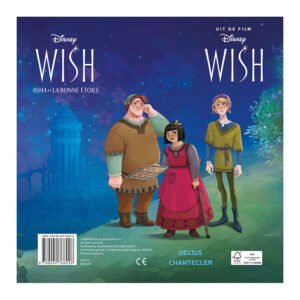 Personages uit Disney Wish - Asha en vrienden tegen een magische nachtelijke achtergrond