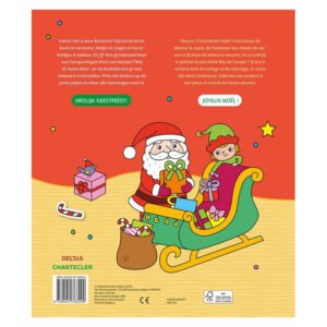 Achterkant van kerstkleurboek met Kerstman in arrenslee en elf, omringd door cadeautjes en vrolijke kleuren