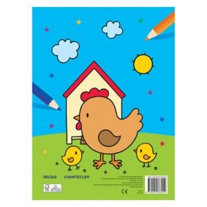 Achterkant kleurboek met kip, kuikens en kippenhok op kleurrijke achtergrond