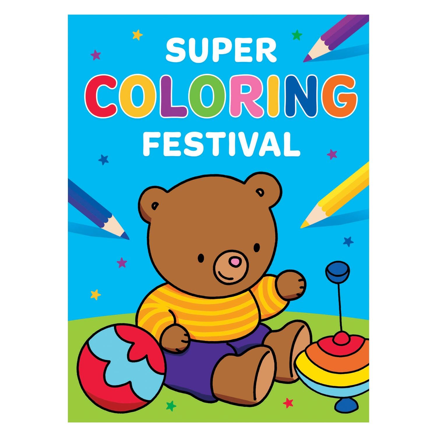 deltas-kleurboek-cover-beer-speelgoed-super-coloring-festival Kleurboek cover met schattige beer, speelgoed en kleurpotloden op blauwe achtergrond Super Coloring Festival Kleurboek