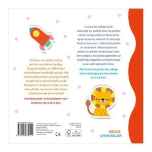 Achterkant van kleur- en stickerboek voor peuters met kleurrijke illustraties van een raket en leeuwtje