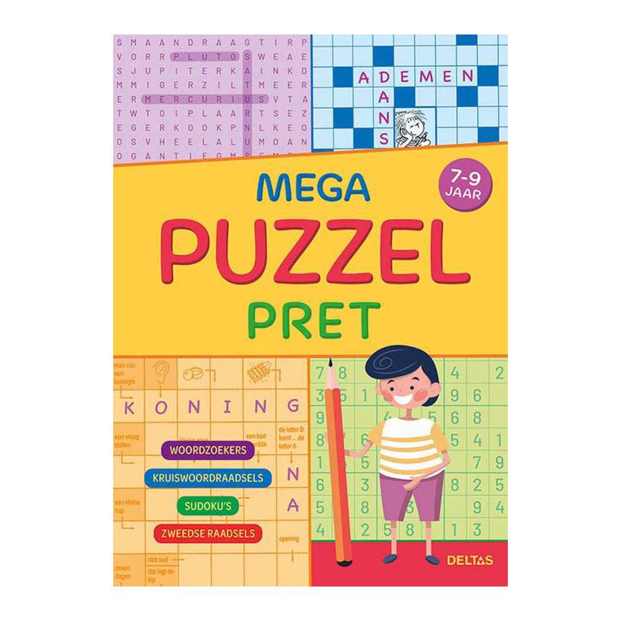 Voorkant van het kleurrijke puzzelboek Mega Puzzel Pret voor kinderen van 7 tot 9 jaar Mega puzzelpret 7-9 jaar