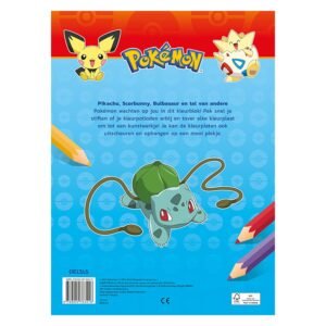 Achterkant Pokémon kleurboek met Bulbasaur, Pichu en Togepi op blauwe achtergrond
