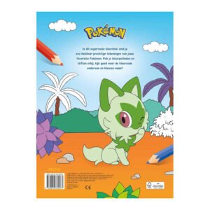 Groene Pokémon Sprigatito in kleurrijke jungle op achterkant kleurboek