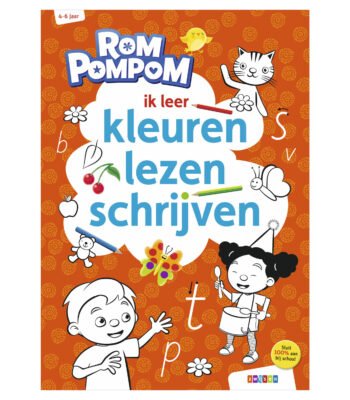 Omslag van het Rompompom doeboek 'Ik leer kleuren, lezen, schrijven' voor kinderen van 4-6 jaar Rompompom ik leer kleuren, lezen en schrijven (4-6 jaar)