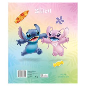 Stitch en Angel rennen vrolijk samen op een kleurrijke achtergrond met Hawaï-thema.