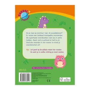 Achterkant van het kinderpuzzelboek 'Supercoole Woordzoekers' met vrolijke monstertjes en uitleg over de puzzelplaneet