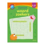 Voorkant van het boek 'Supercoole Woordzoekers' voor kinderen van 8 tot 10 jaar met kleurrijke monstertjes en puzzelrooster Puzzelplaneet - Supercoole Woordzoekers 8-10 jaar