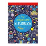 Voorkant van 'Mijn megastoere kleurblok' met speelse tekeningen van piraten, ruimte, voertuigen en monsters. Mijn megastoere kleurblok