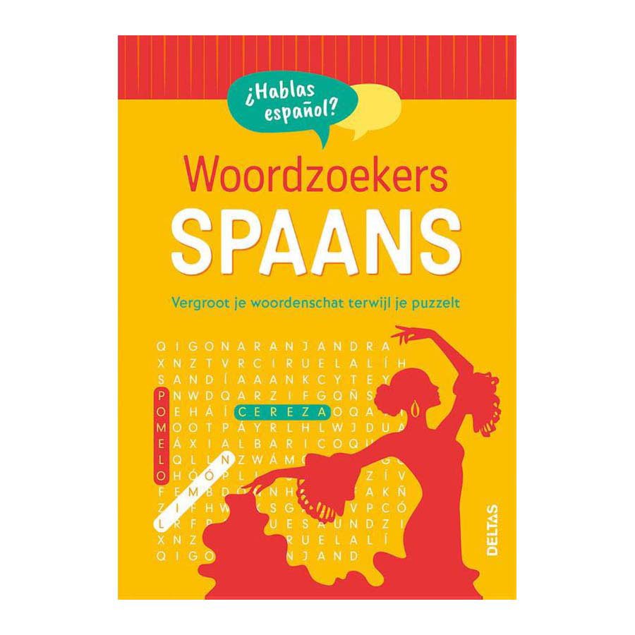 Voorkant van Spaans woordzoeker boek met kleurrijke cover en flamencodanseres illustratie Woordzoekers Spaans